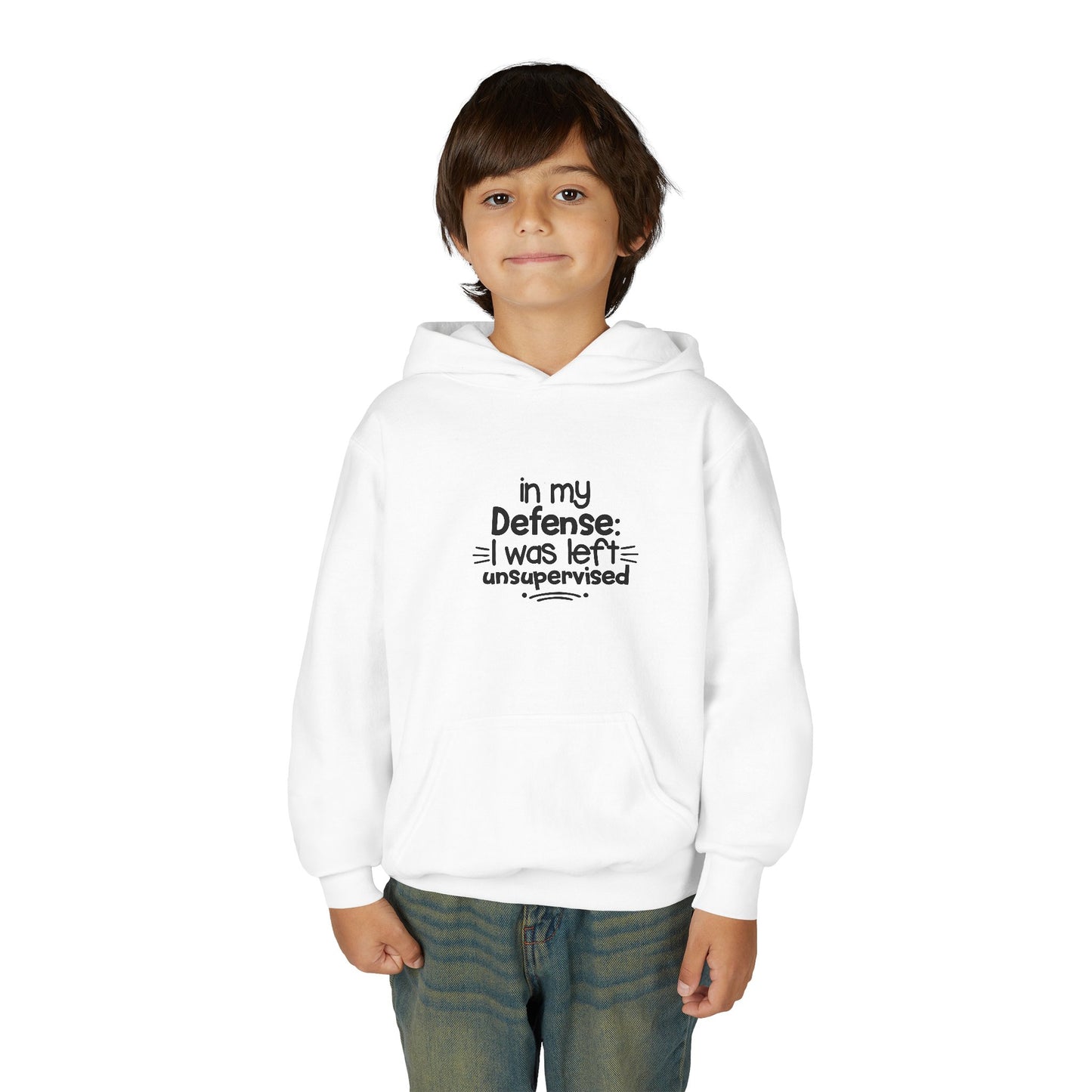 Youth Hoodie — "In My Defense: I Was Left Unsupervised" Funny Kids Sweatshirt
