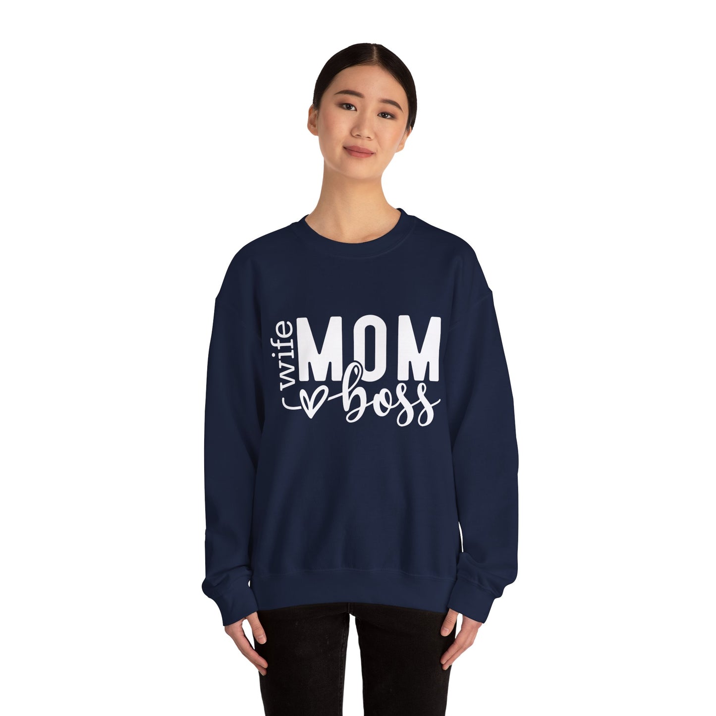Mom Boss Crewneck Sweatshirt — "Wife Mom Boss" Cozy Graphic Pullover for Moms | Mother's Day Gift
