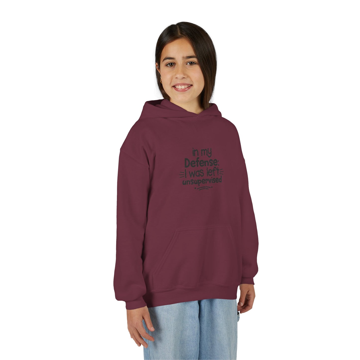 Youth Hoodie — "In My Defense: I Was Left Unsupervised" Funny Kids Sweatshirt