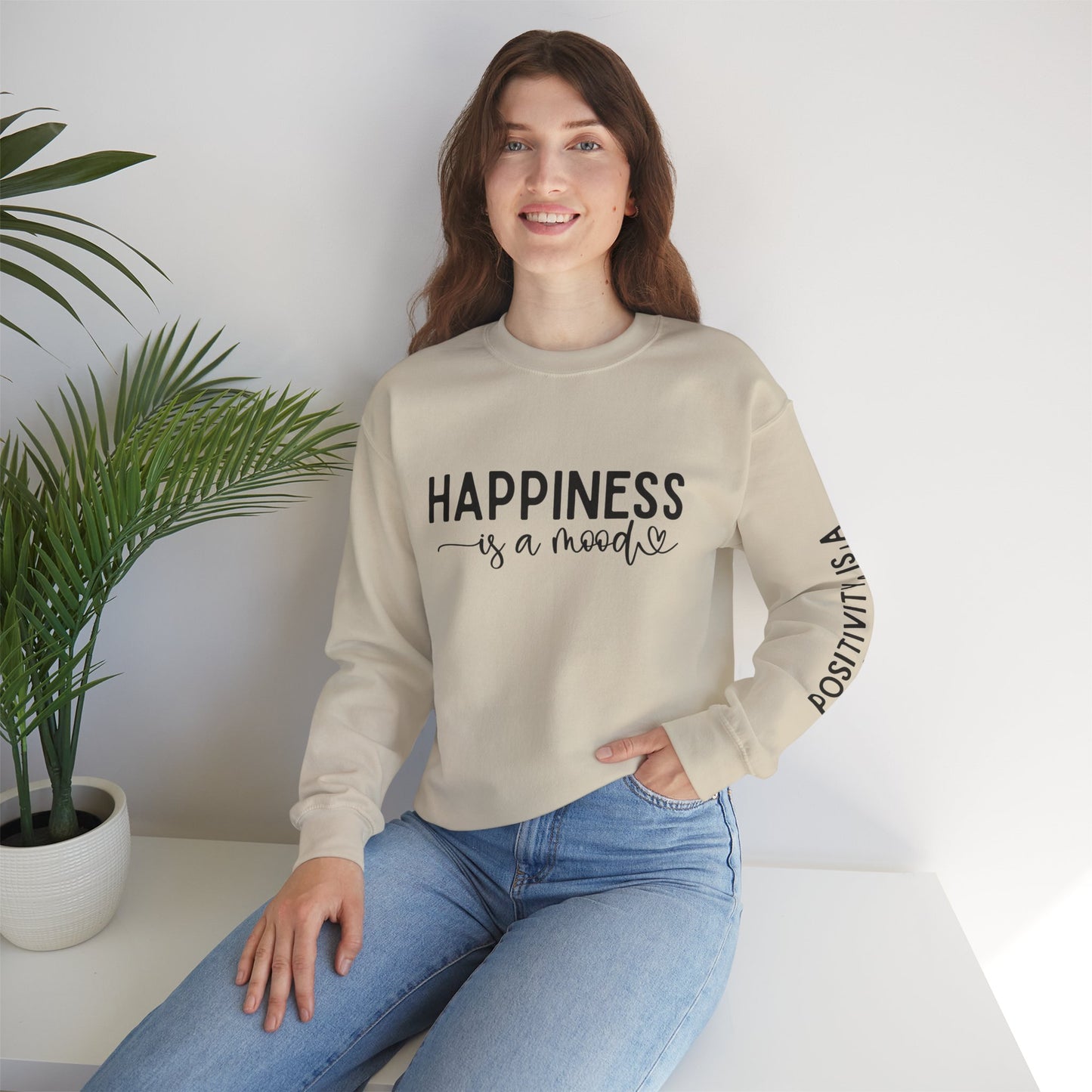Happiness Is a Mood Crewneck Sweatshirt — Positive Vibes Sleeve