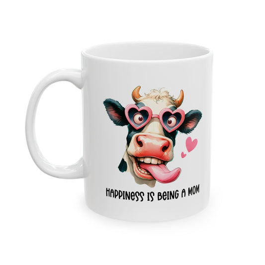 Cute Cow Mom Ceramic Mug – “Happiness is Being a Mom” (11oz & 15oz)