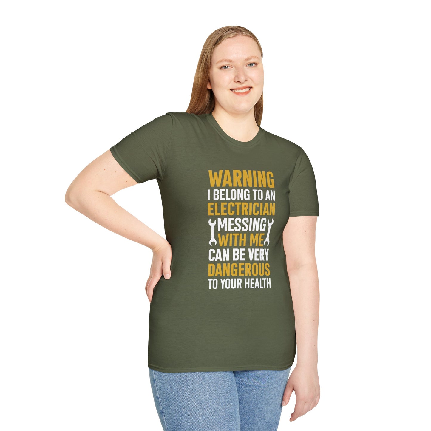 Electrician Wife Warning T-Shirt — "Warning Electrician With Me Dangerous" Crew Tee