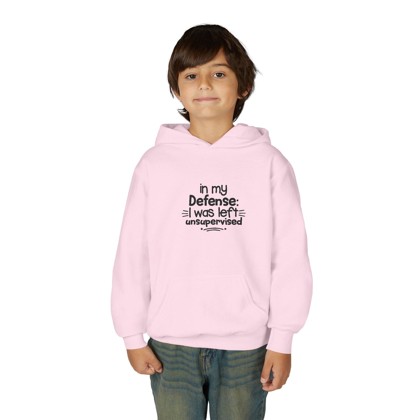 Youth Hoodie — "In My Defense: I Was Left Unsupervised" Funny Kids Sweatshirt
