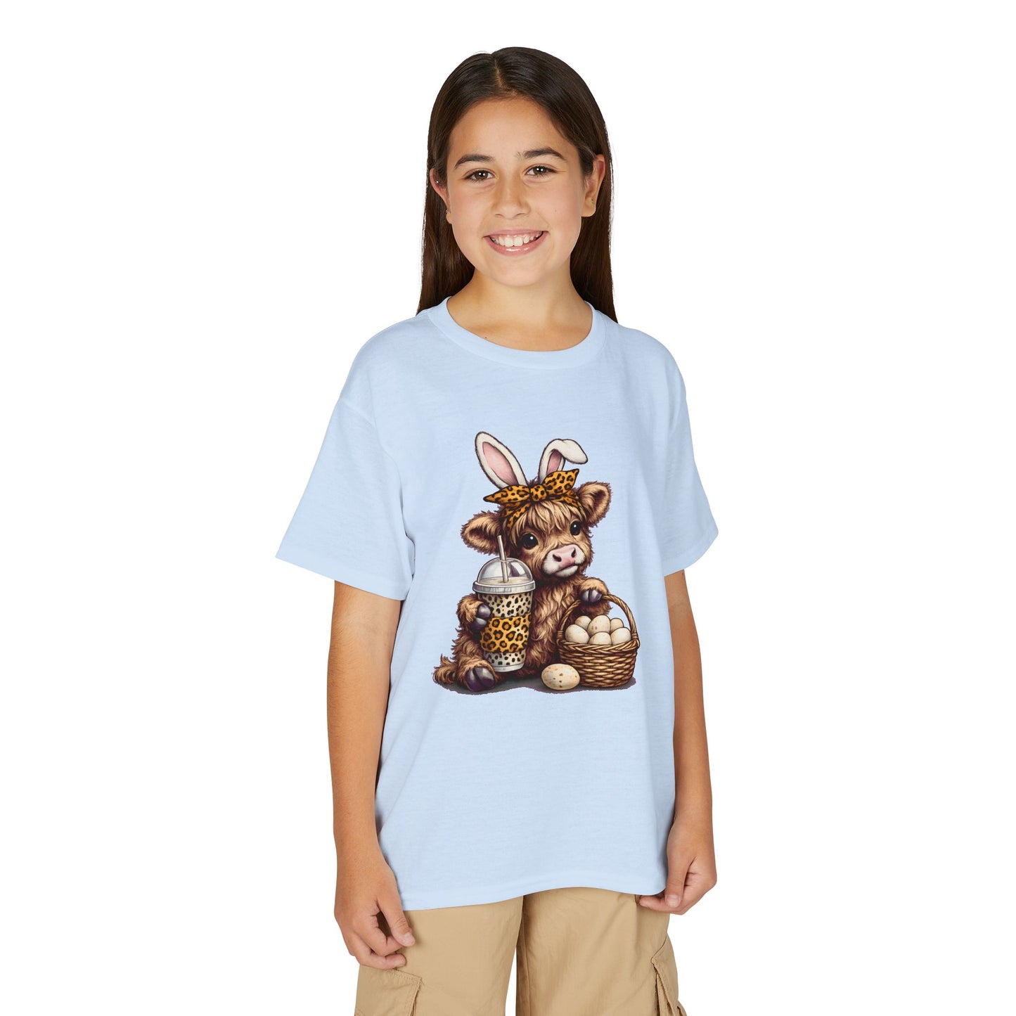 Kids Easter Cow Tee — Cute Highland Cow with Bunny Ears, Basket of Eggs & Bubble Tea Graphic