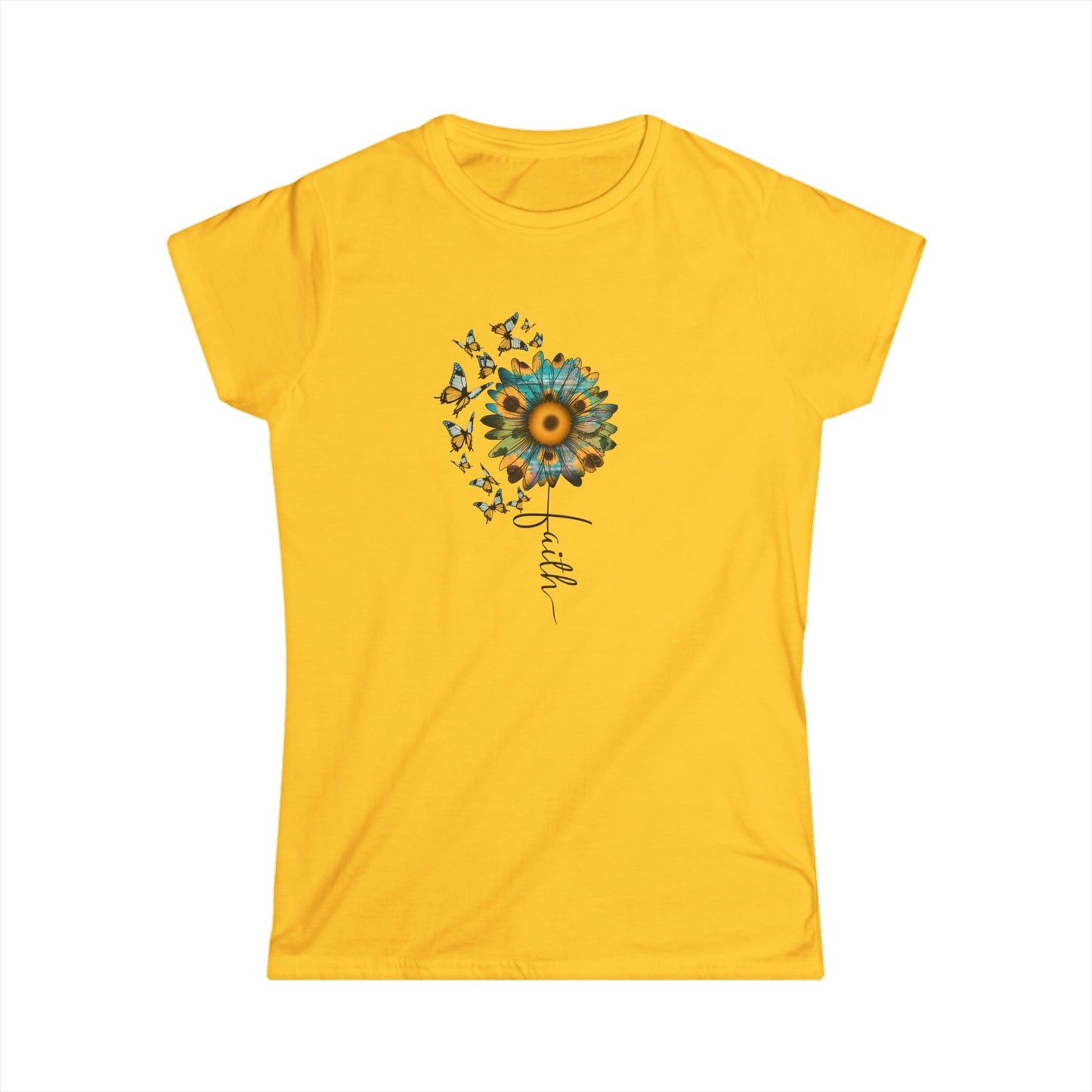 Sunflower & Butterflies Women's Tee — 'Faith' Floral Graphic