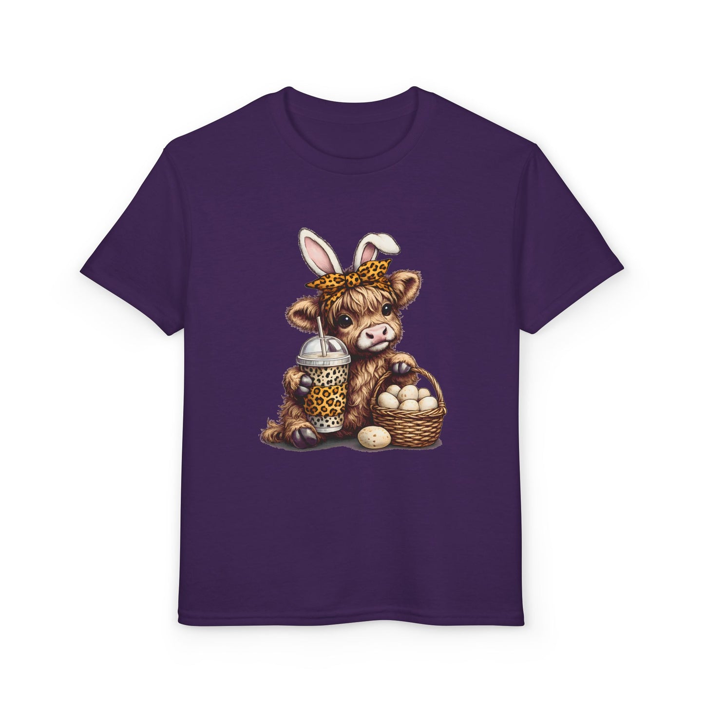 Kids Easter Cow Tee — Cute Highland Cow with Bunny Ears, Basket of Eggs & Bubble Tea Graphic