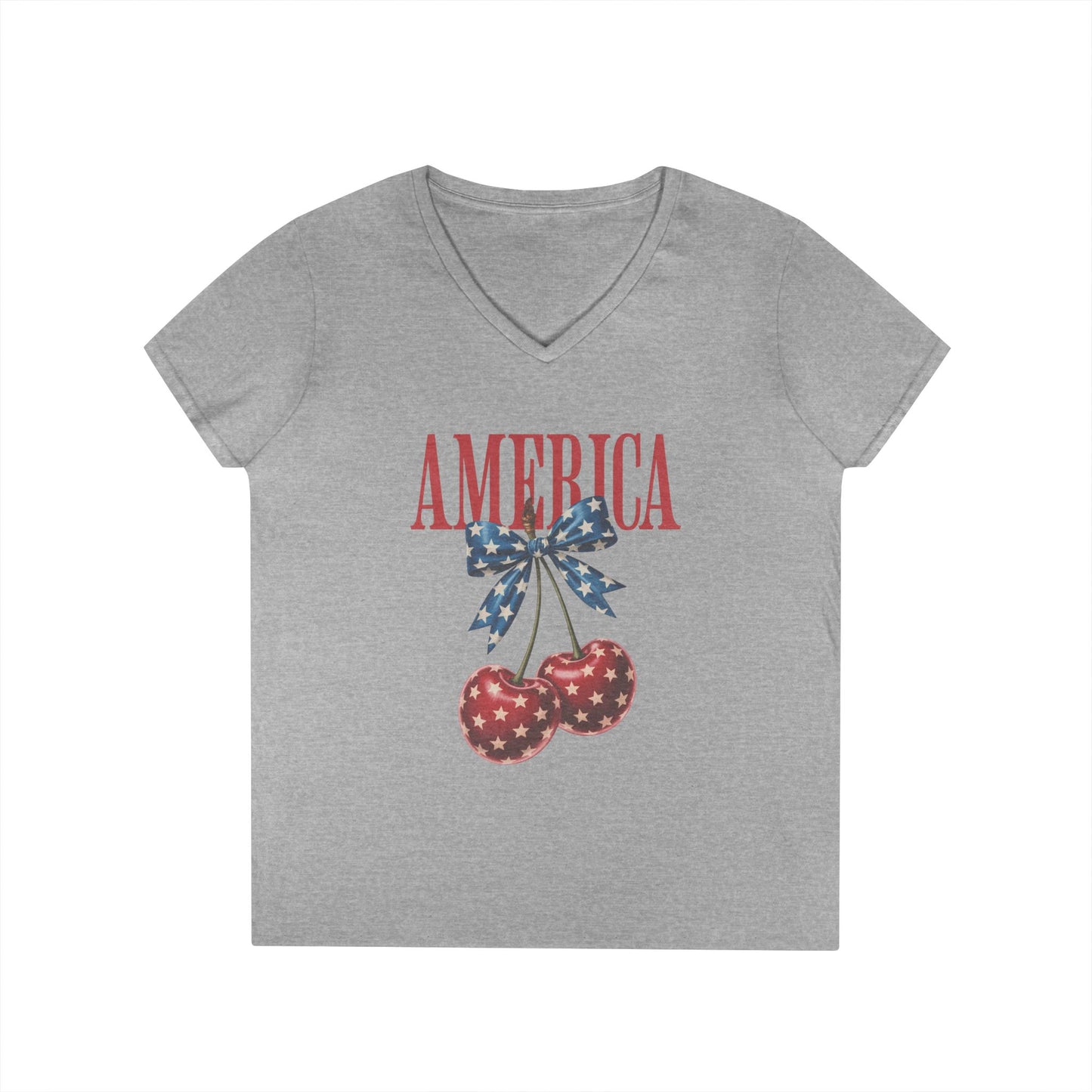 America Cherry V-Neck T-Shirt — Patriotic Women's Summer Tee