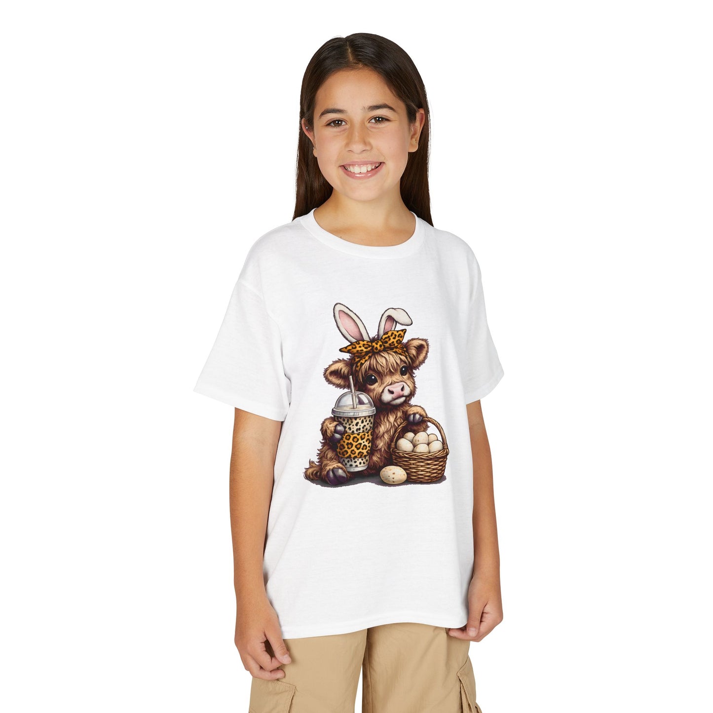 Kids Easter Cow Tee — Cute Highland Cow with Bunny Ears, Basket of Eggs & Bubble Tea Graphic