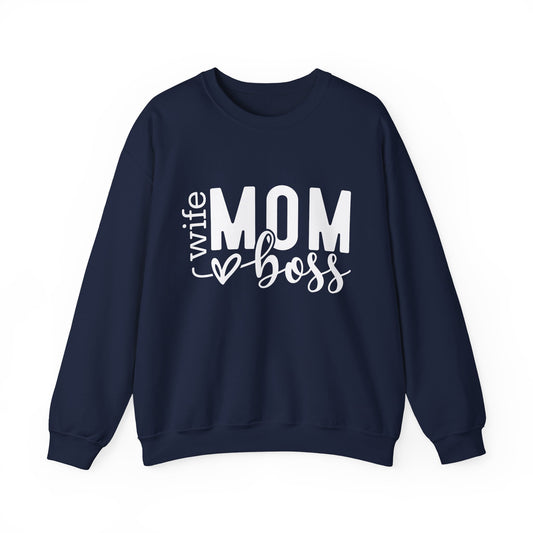 Mom Boss Crewneck Sweatshirt — "Wife Mom Boss" Cozy Graphic Pullover for Moms | Mother's Day Gift