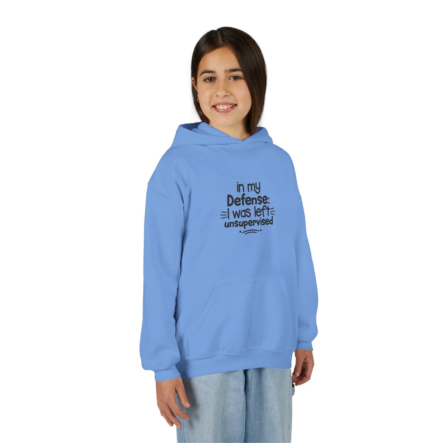 Youth Hoodie — "In My Defense: I Was Left Unsupervised" Funny Kids Sweatshirt