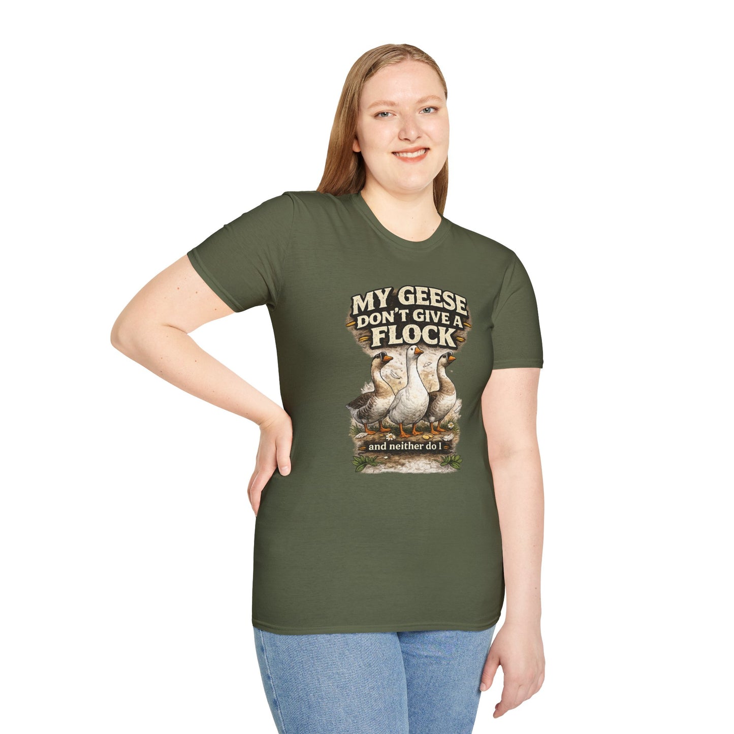 T-Shirt — “My Geese Don’t Give a Flock” Humorous Farm Animal Tee