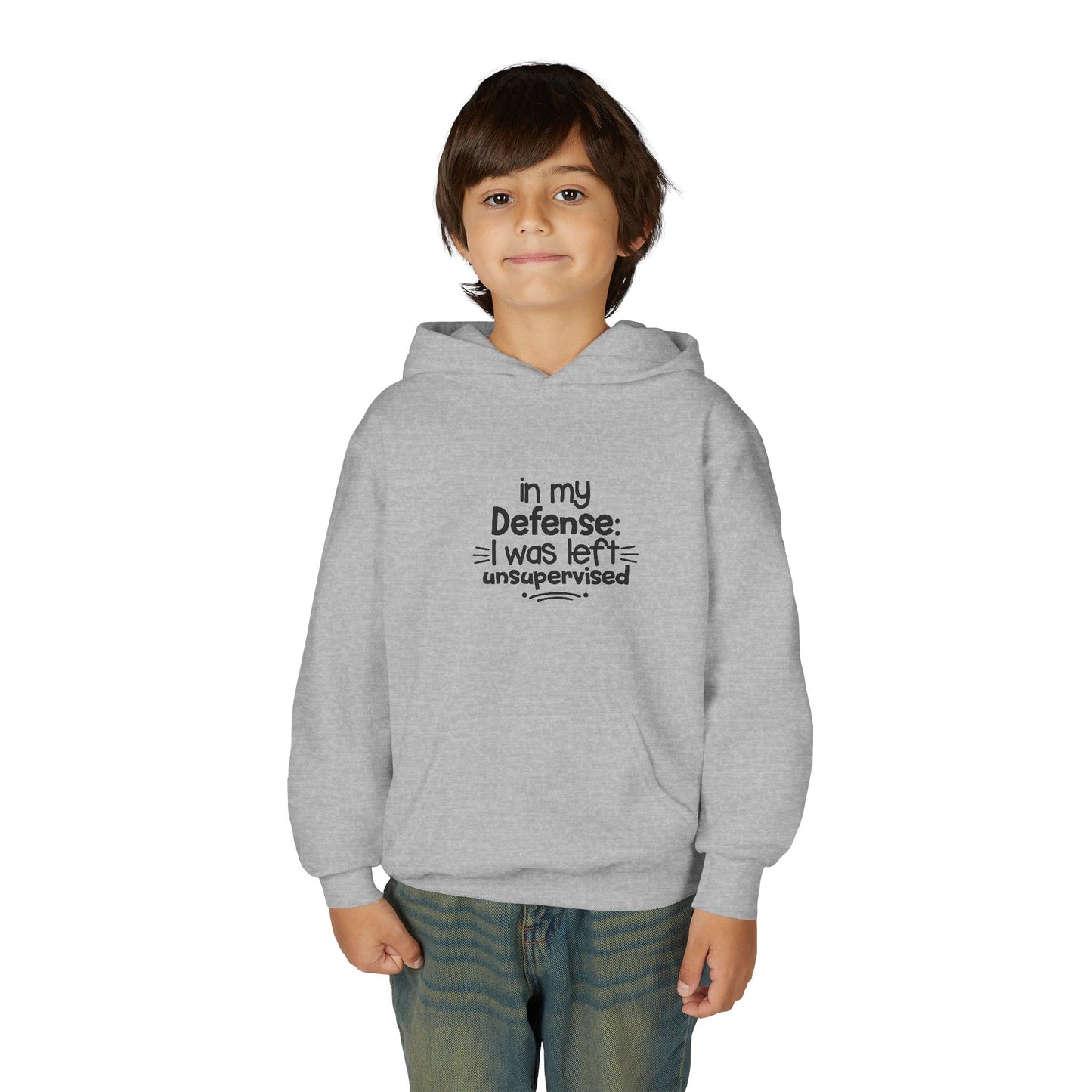 Youth Hoodie — "In My Defense: I Was Left Unsupervised" Funny Kids Sweatshirt