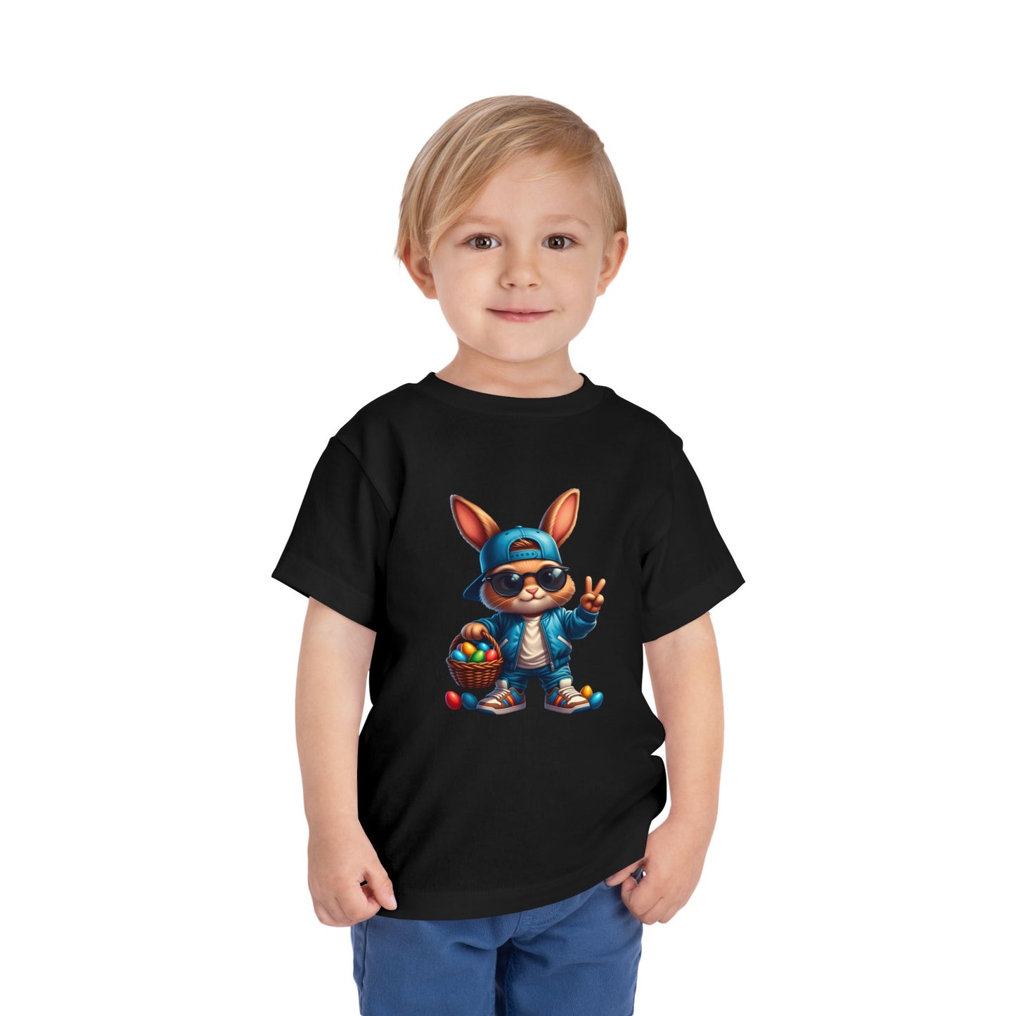 Cool Easter Bunny Toddler Tee — Hip Bunny with Basket Graphic