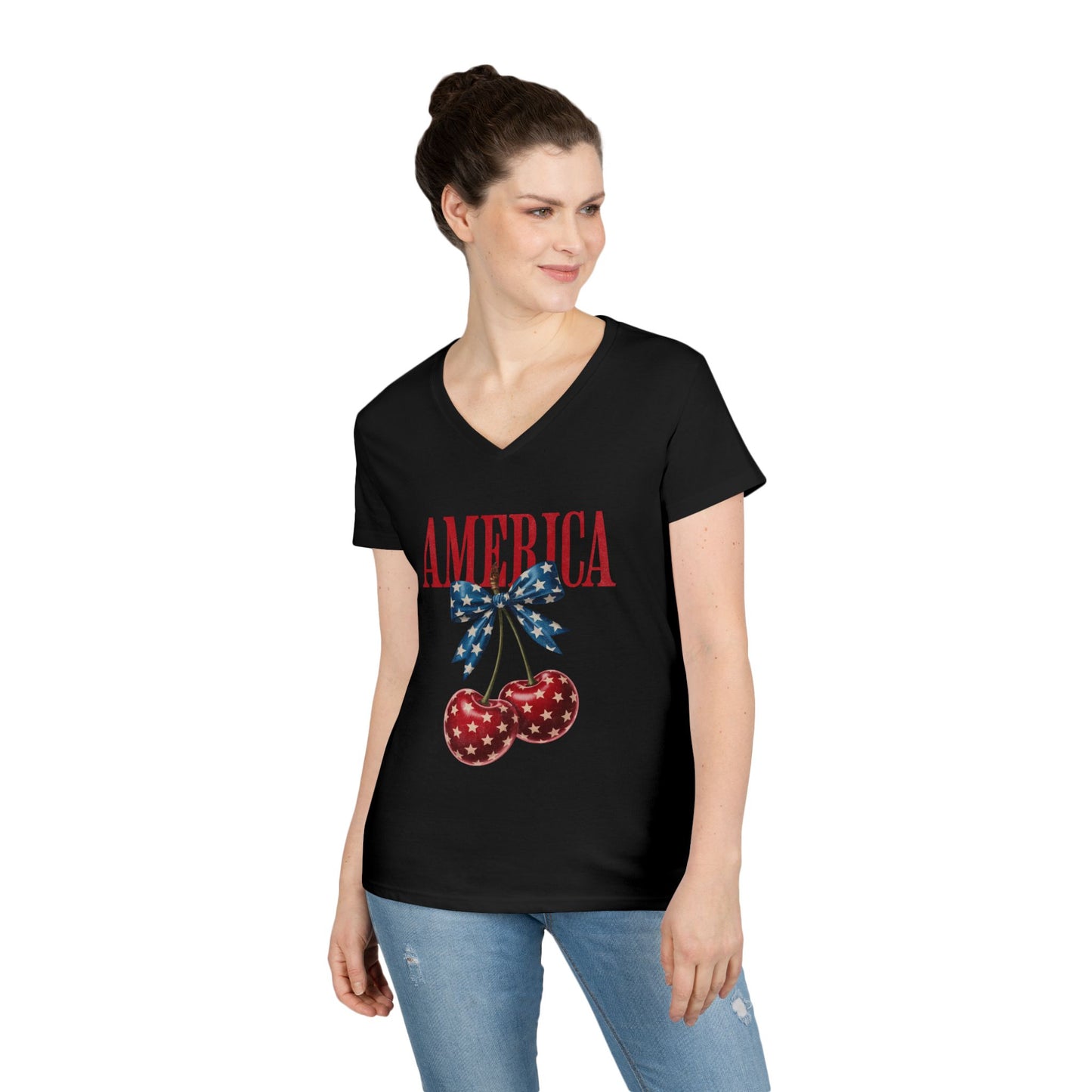 America Cherry V-Neck T-Shirt — Patriotic Women's Summer Tee
