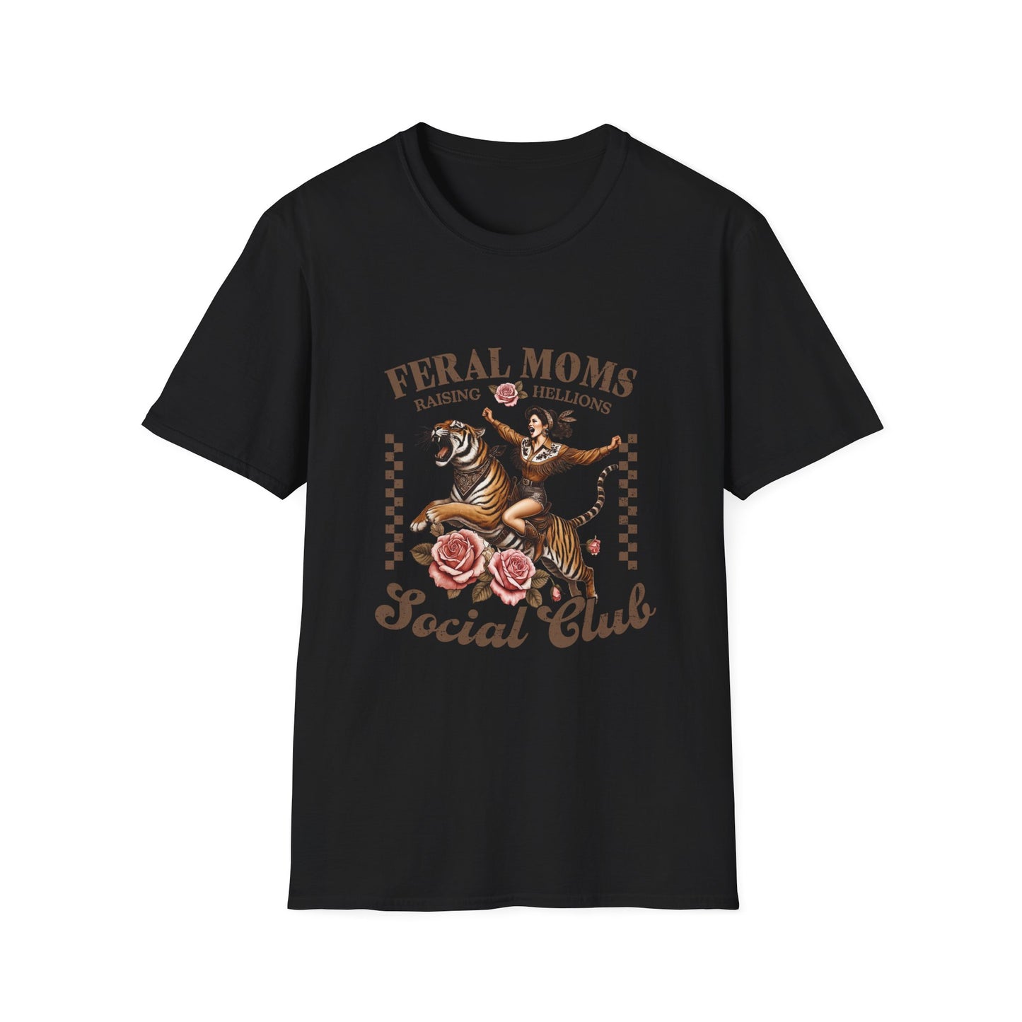 Feral Moms Social Club T-Shirt — 'Raising Hellions' Vintage Cat & Rose Graphic Tee
