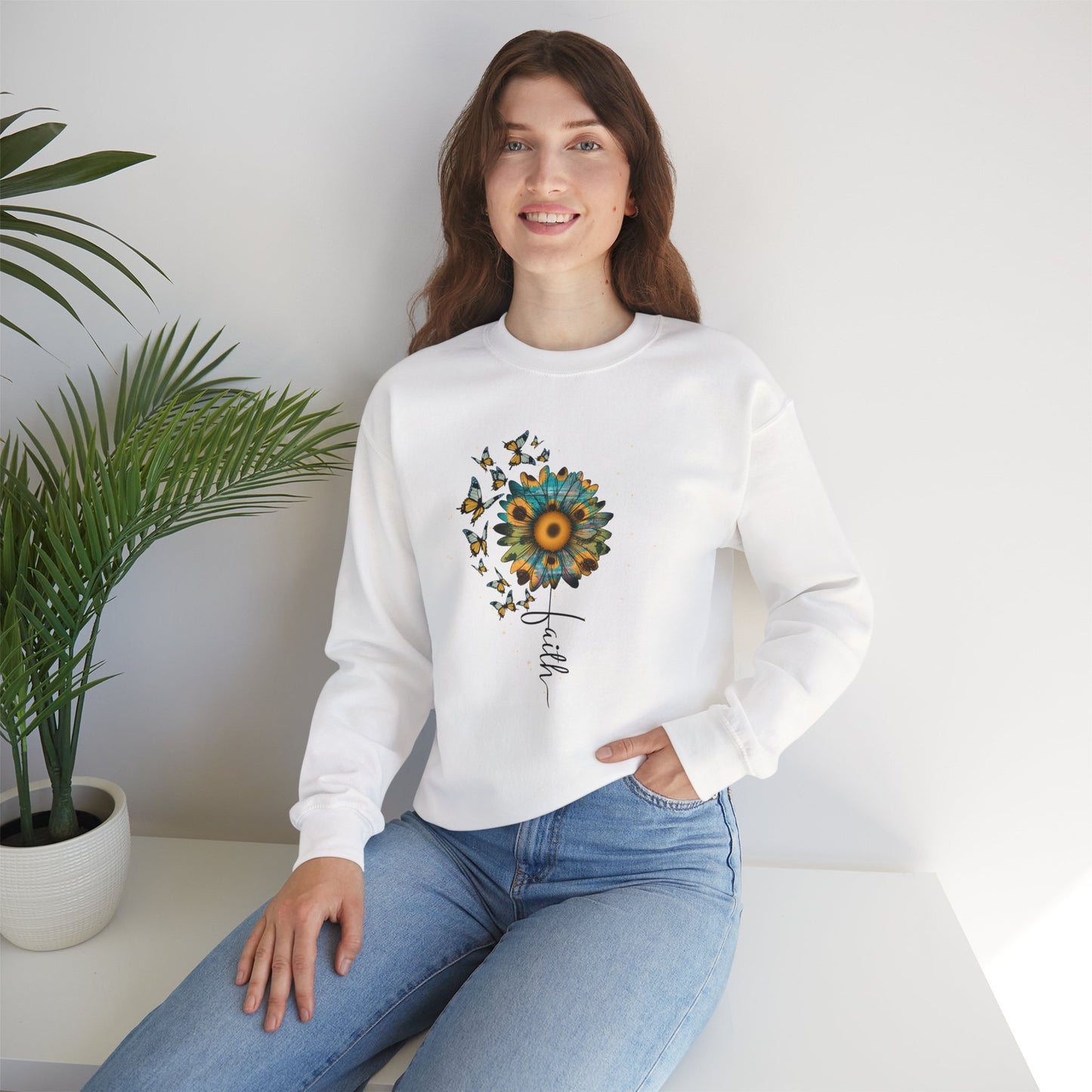 Sunflower & Butterflies Crewneck Sweatshirt – Faith Script Floral Design