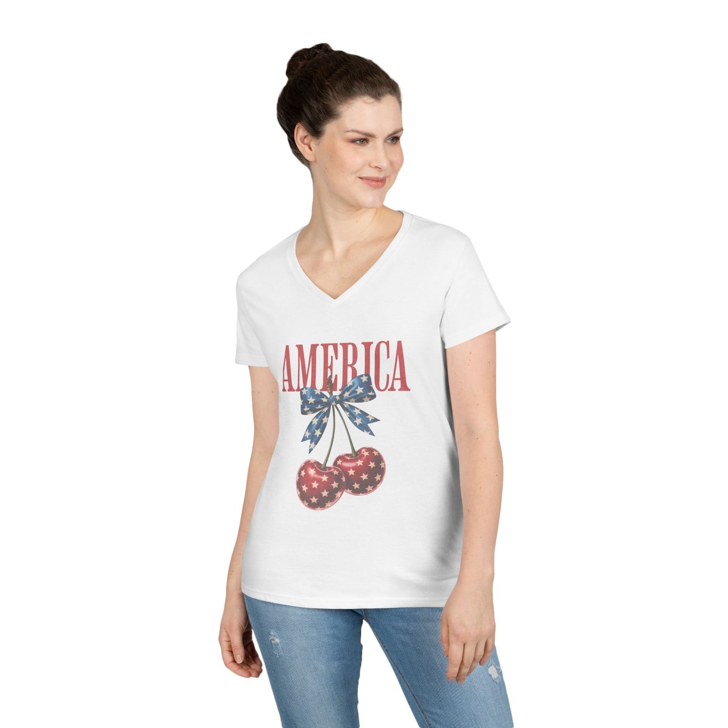 America Cherry V-Neck T-Shirt — Patriotic Women's Summer Tee
