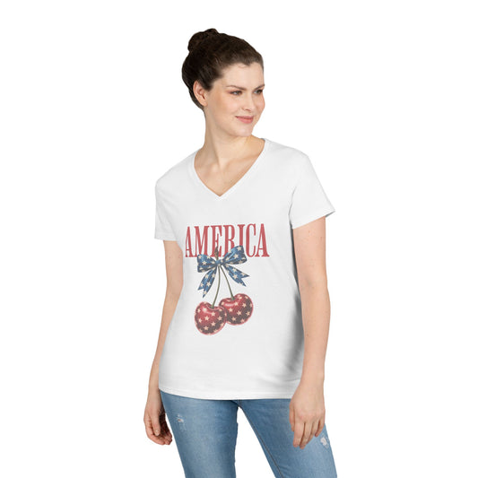 America Cherry V-Neck T-Shirt — Patriotic Women's Summer Tee