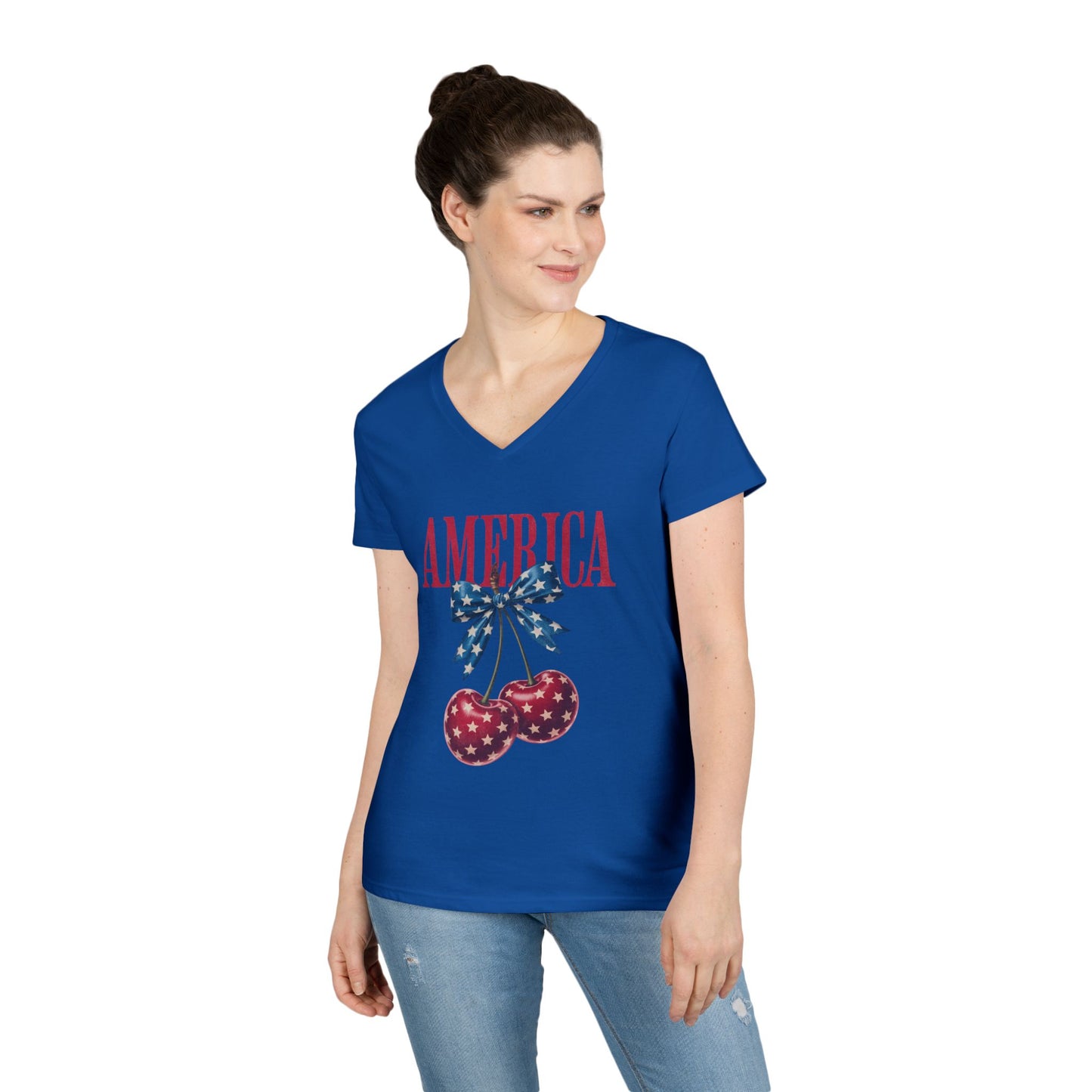 America Cherry V-Neck T-Shirt — Patriotic Women's Summer Tee