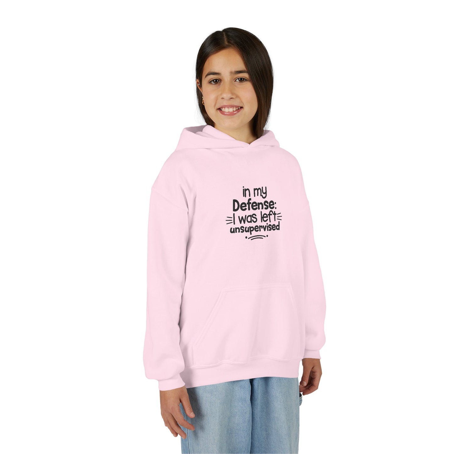 Youth Hoodie — "In My Defense: I Was Left Unsupervised" Funny Kids Sweatshirt