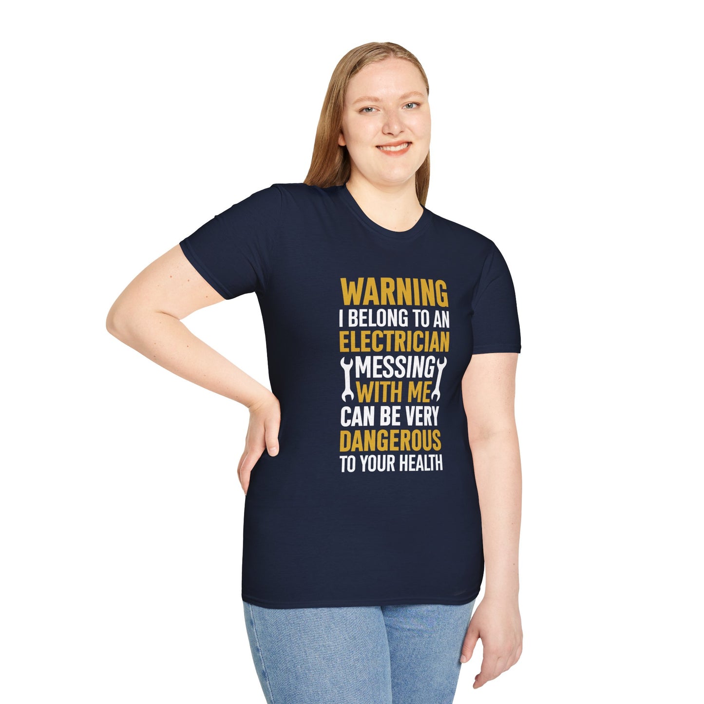 Electrician Wife Warning T-Shirt — "Warning Electrician With Me Dangerous" Crew Tee
