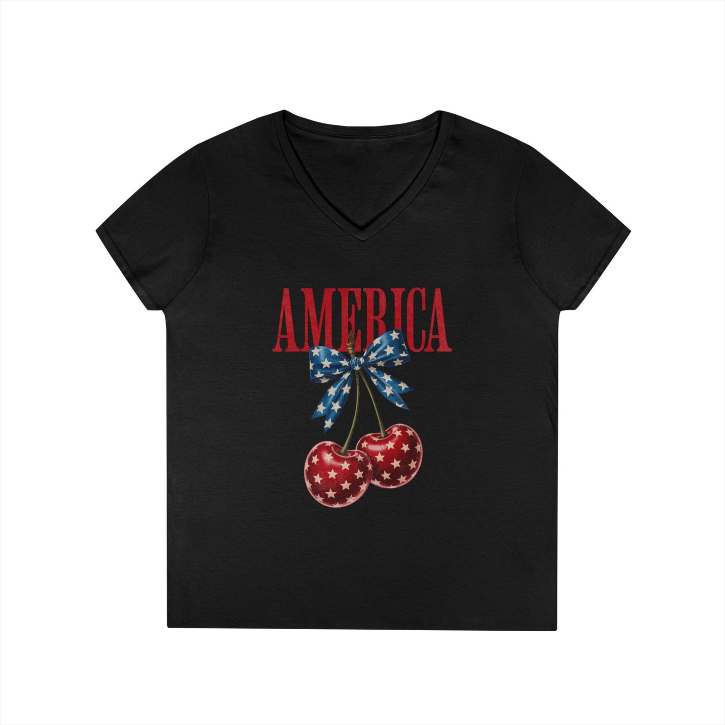 America Cherry V-Neck T-Shirt — Patriotic Women's Summer Tee