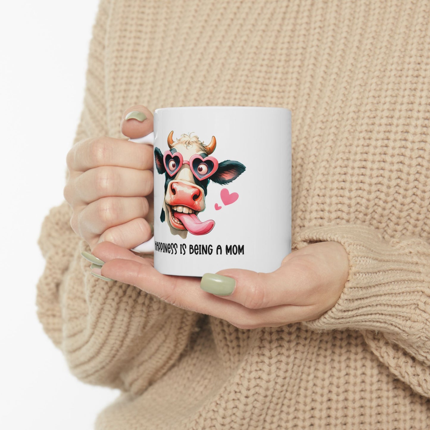 Cute Cow Mom Ceramic Mug – “Happiness is Being a Mom” (11oz & 15oz)