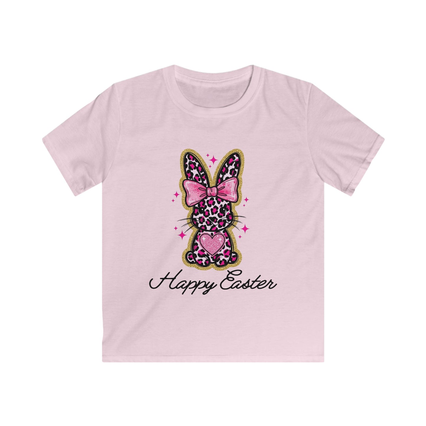 Kids Easter Bunny Tee — 'Happy Easter' Leopard Print Pink Bow