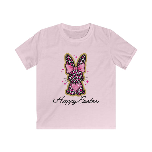 Kids Easter Bunny Tee — 'Happy Easter' Leopard Print Pink Bow