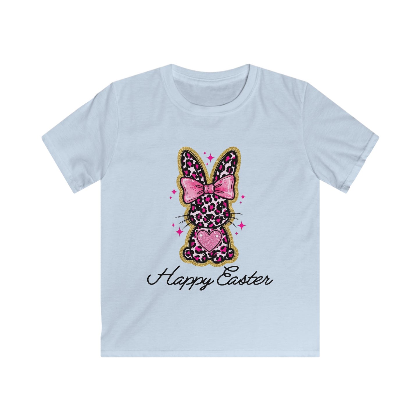 Kids Easter Bunny Tee — 'Happy Easter' Leopard Print Pink Bow