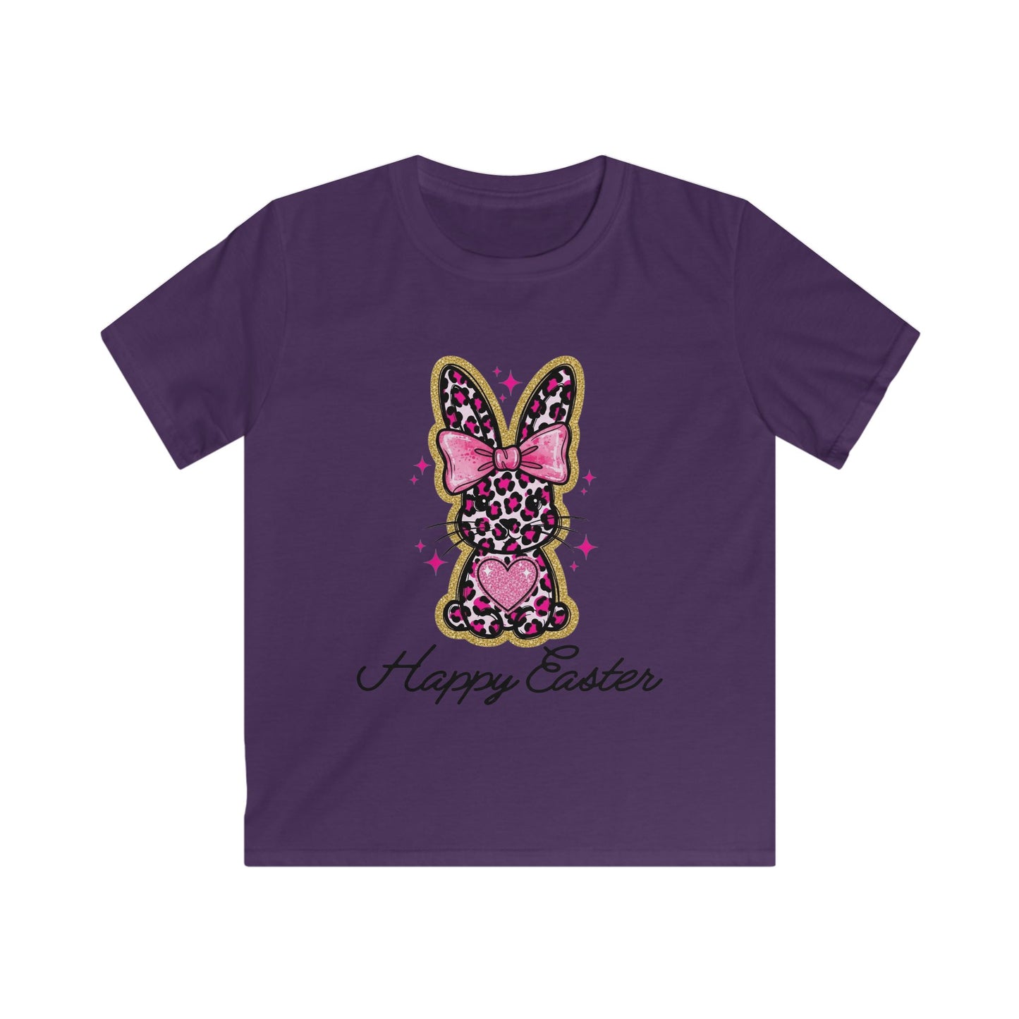 Kids Easter Bunny Tee — 'Happy Easter' Leopard Print Pink Bow