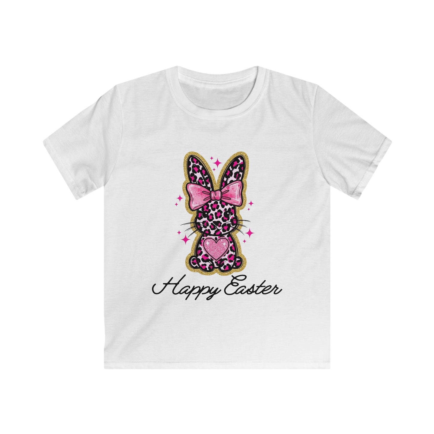 Kids Easter Bunny Tee — 'Happy Easter' Leopard Print Pink Bow